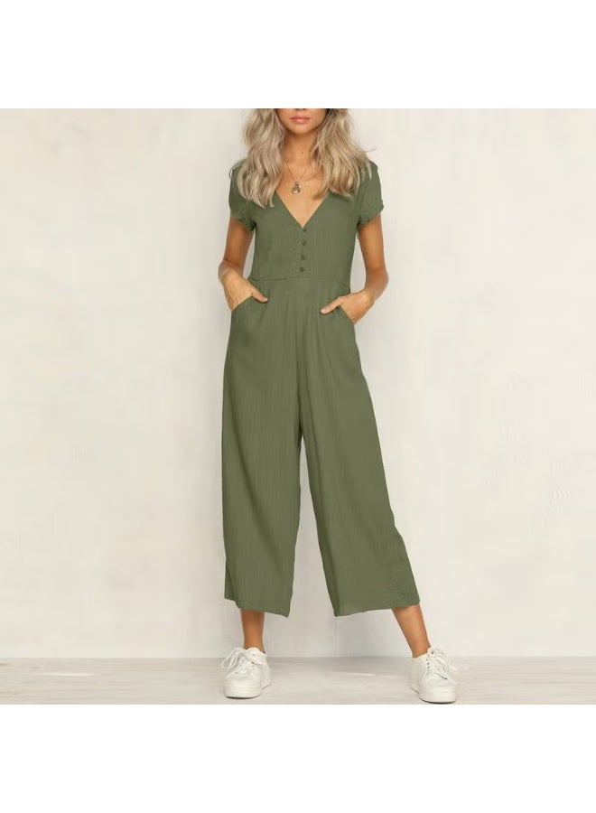 Barbora Linen Daily Summer V-Neck Short Leg Design Women's Jumpsuit LN1010KOYUHAKI1 - Image 1